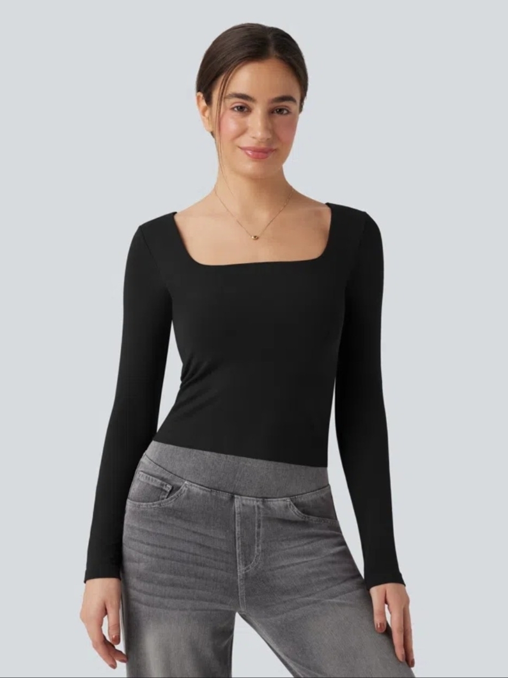 HALARA Black Square Neck Long Sleeve Ribbed Top